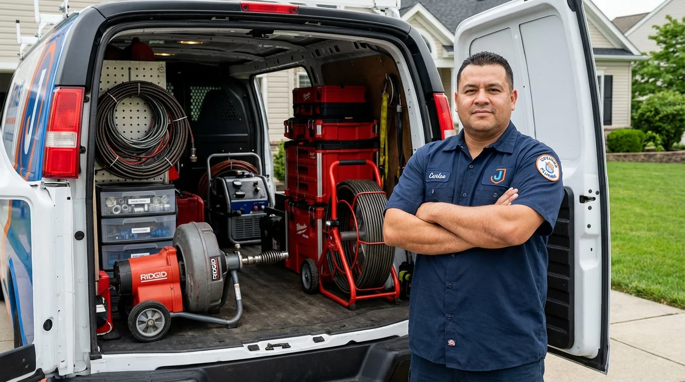 Professional drain cleaning equipment and Johns Plumbing LLC plumber in Bourbon
