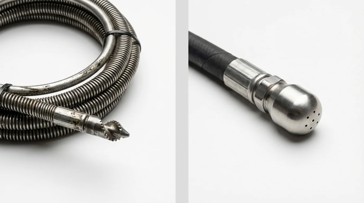 Drain snake cable and hydro jetting nozzle used for drain cleaning in Bourbon, IN