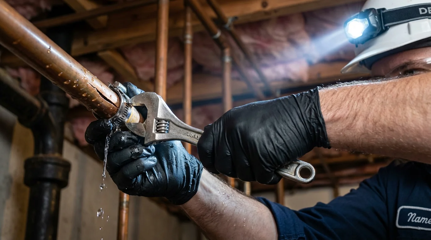 Emergency pipe clamp repair being performed by a Johns Plumbing LLC plumber in Bourbon