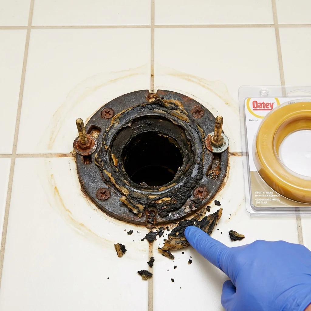 Failed wax ring showing water seepage at the base of a toilet in a Bourbon, IN home