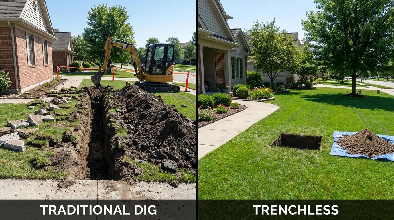 Trenchless sewer repair with minimal yard damage versus traditional excavation in Bourbon, IN