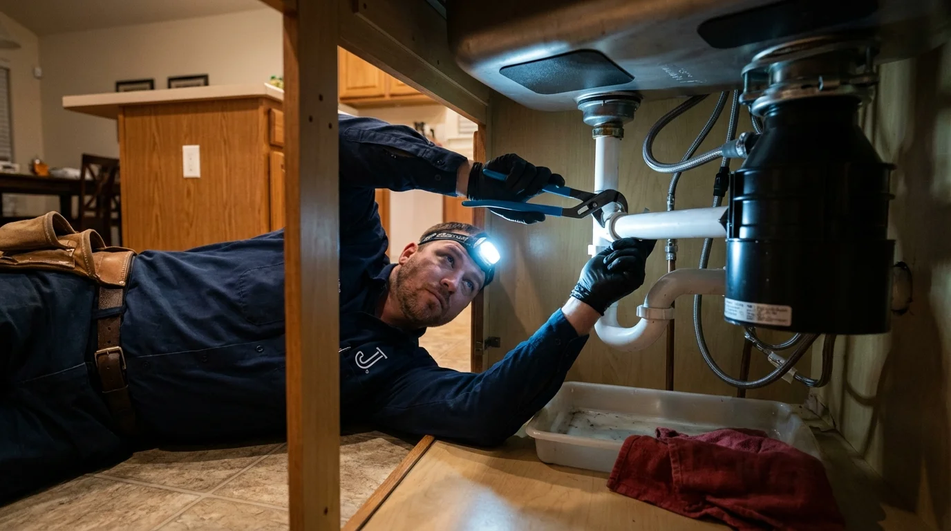 P-trap and supply line connections under a kitchen sink showing a common leak point in Bourbon, IN
